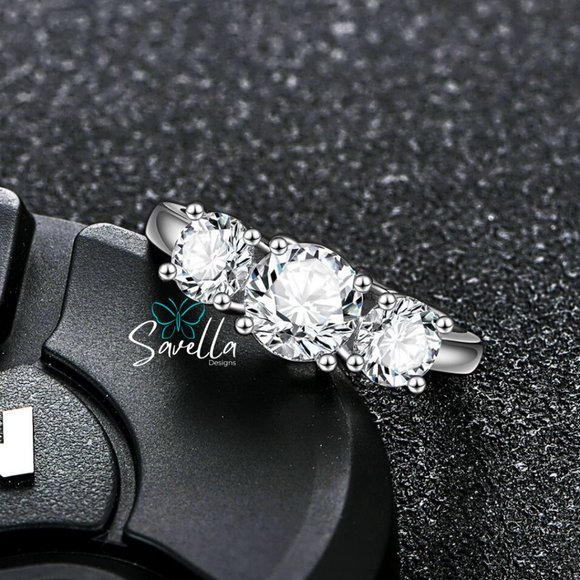 2ct Trilogy Ring 3 Stone Moissanite Band Solid Sterling Silver - Picture 4 of 5